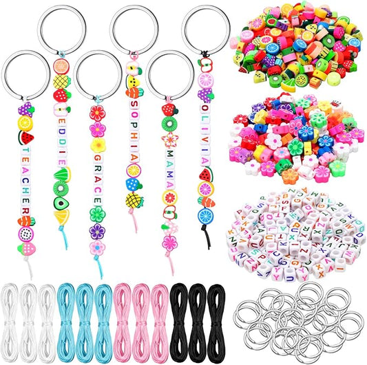 Landical 564 Pcs DIY Fruit Bead Keychain Kit Summer Key Chain Making Craft Adjustable Letter Beads String Mama Tropical Gift Alphabet Jewelry Backpack Accessories Holiday Party Favor(Lucky Color)