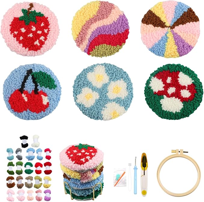 AIRDEA Punch Needle Drink Coasters Kit,Casual Punch Needle Embroidery Complete Kits for Beginner 3.29x3.29 Inches,Included All Accessories,DIY Car Coasters (Multicolored)