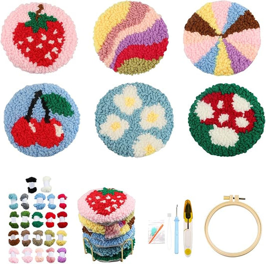 AIRDEA Punch Needle Drink Coasters Kit,Casual Punch Needle Embroidery Complete Kits for Beginner 3.29x3.29 Inches,Included All Accessories,DIY Car Coasters (Multicolored)