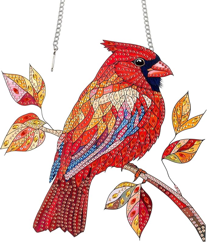 Bimkole Red Bird Diamond Art Hanging Kit for Adult, DIY 5D Animals Diamond Art Painting Window Pendant, Acrylic Crystal Art Hanging Ornament for Wall Home Garden Front Door Decor - 7.8x7.8 Inch