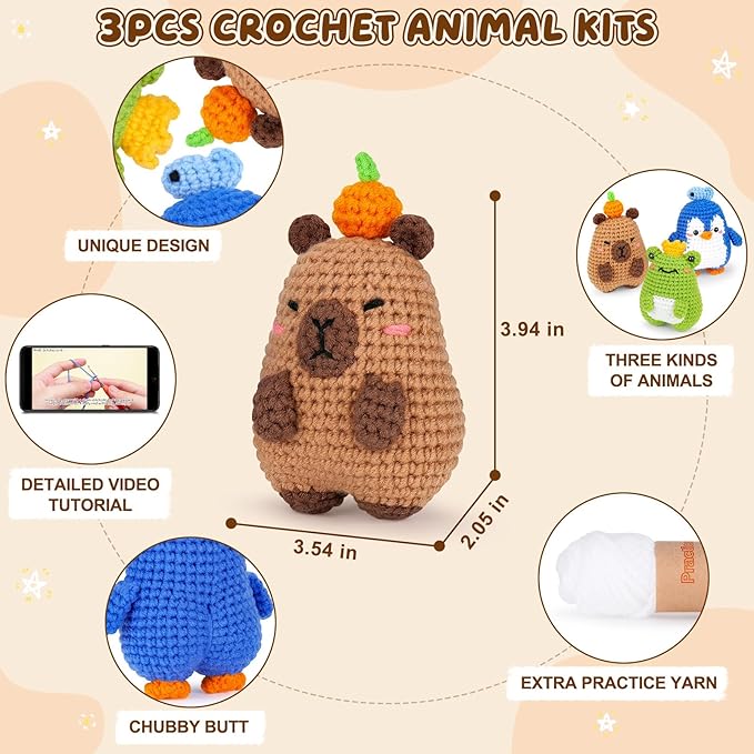 fortuning's jds crochet kit for beginners, crochet animal kit includes penguin, capybara & frog, complete starter kit for adult, diy craft crochet kits, easy knitting kit christmas gifts