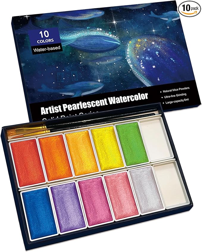 6ML Shimmer Watercolor Paint Set, 10 Colors Glitter Metallic Watercolour Painting Sets, Solid Pearl Water Color Paints for Artists, Amateur Hobbyists and Painting (10 Colours)