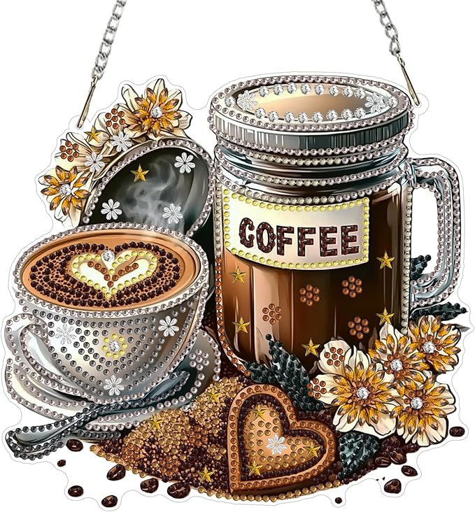 MXJSUA Coffee Dessert Diamond Art Hanging Kits for Adults Beginners, Crystal Diamond Suncatchers, Special Shape Diamond Painting Pendant Window Ornament Gifts for Home Garden Door Wall Decor