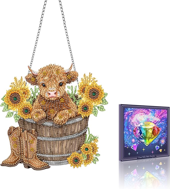 VAIIEYO Cow Diamond Art Hanging Ornament, Sunflower Diamond Painting Suncatchers Window Hanging Kit with Chain, 7.5x7.5 inch Crystal Pendant Art Craft for Gift Home Wall Front Door Decoration