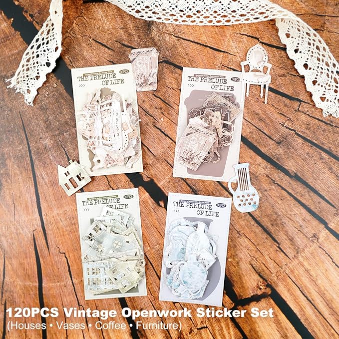 Vintage House & Tableware Laser Cut Ephemera Sticker Set – 120pcs Houses Chairs Sofas Teapots Cups for Scrapbooks Journals Cardmaking DIY Crafts Decor