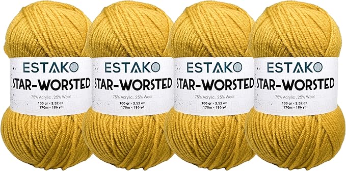 Estako Star-Worsted Yarn - (4 Skeins Pack) - 75% Acrylic 25% Wool - Soft Medium Weight #4 - (4 x 3.52 oz / 4 x 186 yds) - Crochet & Knitting Yarn (42191 - Yellow)