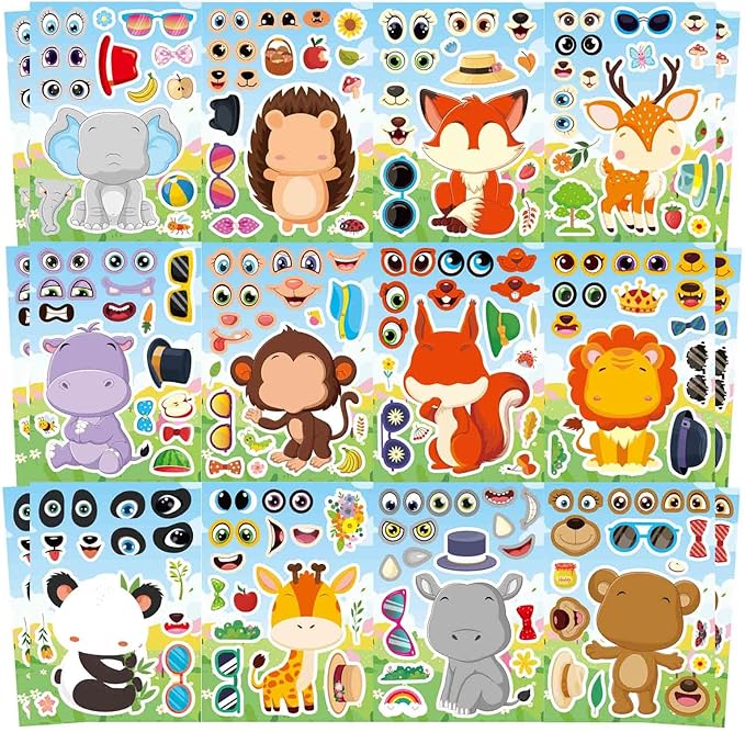24 sheets make a face stickers, animal stickers for kids make your own mix and match sticker sheets with 12 wild animals designs, fox elephant hedgehog, kids party favors activities