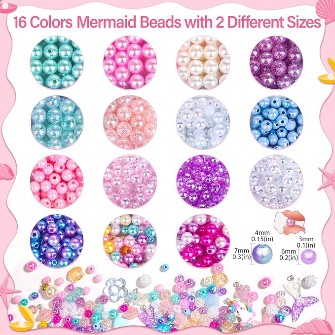 Qinzave 802Pcs Mermaid Beads Jewelry Making Kit, Mermaid-Inspired Beads & Charms Set with Elastic Strings and Tools, Bracelet & Necklace Craft Supplies (802 Pieces)