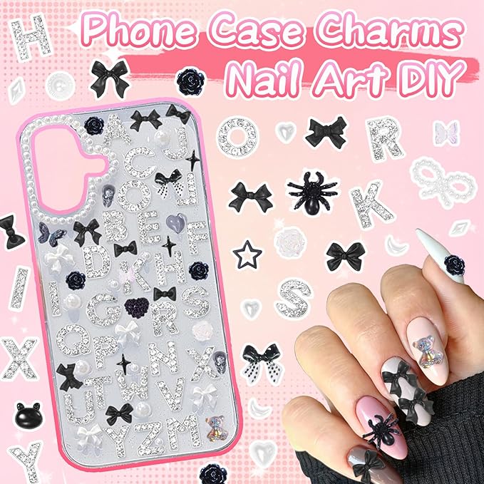 330 Pcs Junk Phone Case Charms 26 Pcs A-Z Rhinestone Alphabet Letter Charm, Mix Black White Flower Bow Heart Pearls Flatback Resin Charms Letter Junk Cases Kit for DIY Crafts