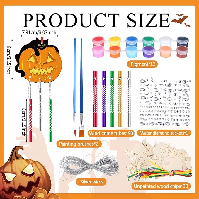 30 Pack Halloween Wind Chime Making Kit for Kids Make Your Own Halloween Wind Chime Ghost Pumpkin Bats DIY Crafts Wooden Ornaments for Activity Birthday Decoration