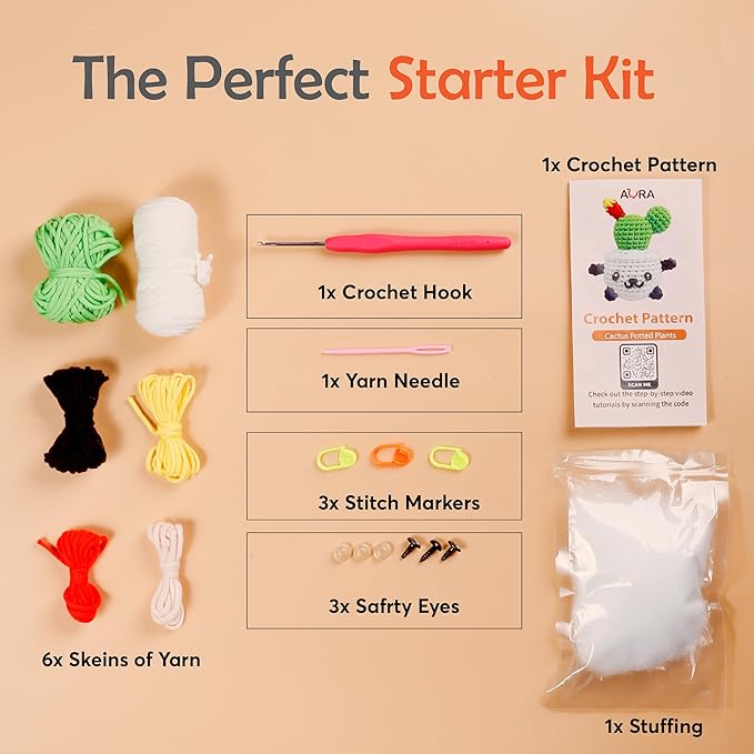 A-URA Learn to Crochet Kit for Beginners Kids and Adults, Premium Pattern Panda Cactus Beginner Crochet Kits with Easy Tube Yarn & Step-by-Step Video Tutorials