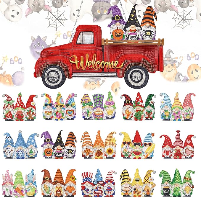 APCGSM 16PCS Interchangeable Diamond Painting Welcome Sign for Front Door Holiday Gnome Decor Red Truck Hanging Sign Diamond Art Painting Kits for Adults Interchangeable Seasonal Decor for Home Wall