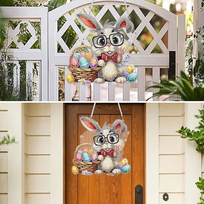 MXJSUA Happy Easter Bunny Diamond Art Hanging Kits for Adults Beginners, Crystal Diamond Suncatchers, Special Shape Diamond Painting Pendant Window Ornament Gifts for Home Garden Door Wall Decor