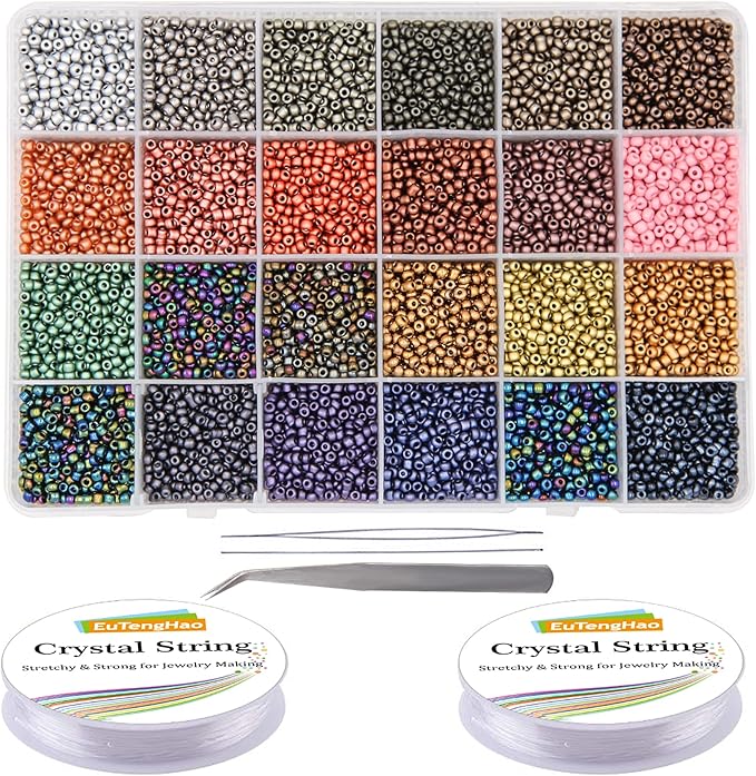 EuTengHao 8/0 Glass Seed Beads Kit, 3mm Metal Color Waist Beads, 24Colors Small Pony Beads with String for Bracelet Necklace Earring Jewelry Making (14405PCS, 600 Per Color)