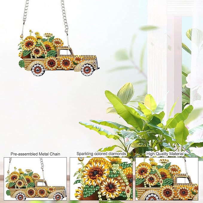 AiYuanzsh Sunflower Car Diamond Painting Pendant Kit, 5D DIY Acrylic Rhinestone Diamond Art Hanging Ornament with Chain, Paint by Number Decorative Art for Wall, Home Decor Gift for Adults