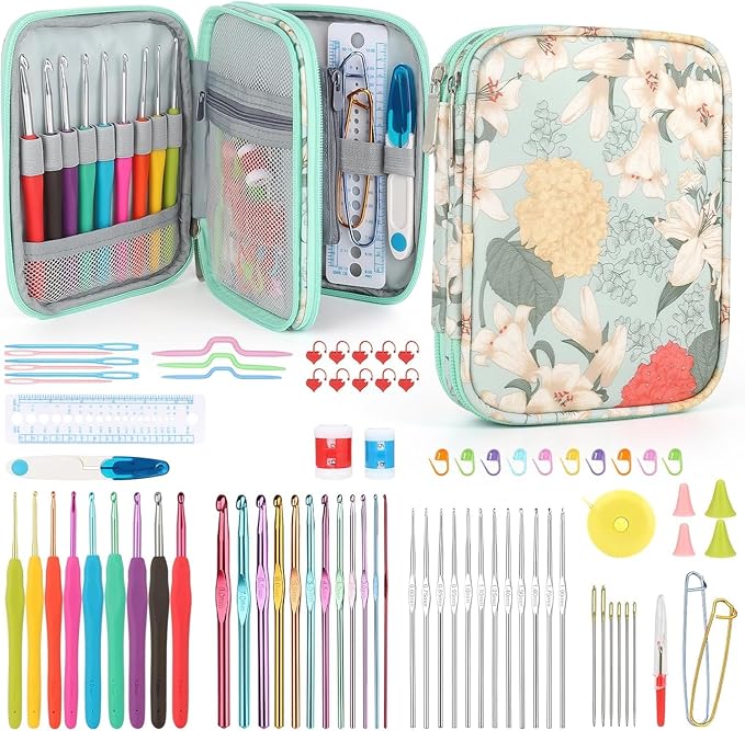 Katech 85 pcs Crochet Hooks Kit Knitting Accessories with Crochet Case, Small Sizes Crochet Hooks for Knitting Lace Yarn, Colorful Ergonomic Crochet Needles Set for Making Sweater, Bag and Hat (Green)