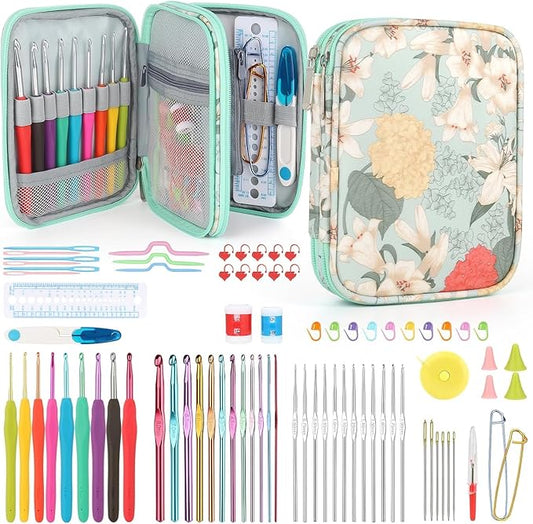 Katech 85 pcs Crochet Hooks Kit Knitting Accessories with Crochet Case, Small Sizes Crochet Hooks for Knitting Lace Yarn, Colorful Ergonomic Crochet Needles Set for Making Sweater, Bag and Hat (Green)