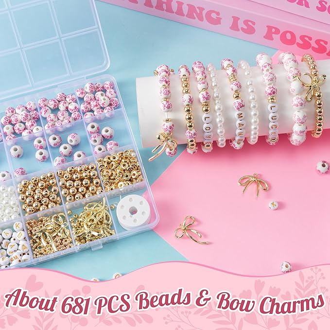 OSNIE Pink Flower Ceramic Beads - 681Pcs Vintage Pink Flower Printed Spacer Beads, Round Porcelain Pearl Gold Bead Making Kit for Women, Bow Charm DIY Jewelry Supplies Handmade Craft Gift for Necklace