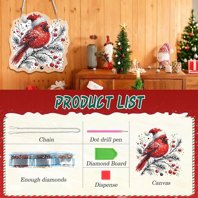 EMIEAUFG Christmas Diamond Art Hanging Kit for Adult, Winter Cardinal Diamond Art Pendants, Double Sided Acrylic & 5D Special Shaped Rhinestone, Christmas DIY Ornament for Windows Home Garden