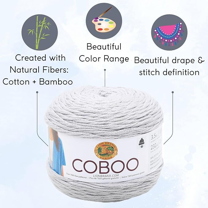 Lion Brand Coboo Silver 835-149 (3-Skeins - Same Dye Lot) DK Light Worsted #3 Cotton, Bamboo Yarn for Crocheting and Knitting with Project Bag