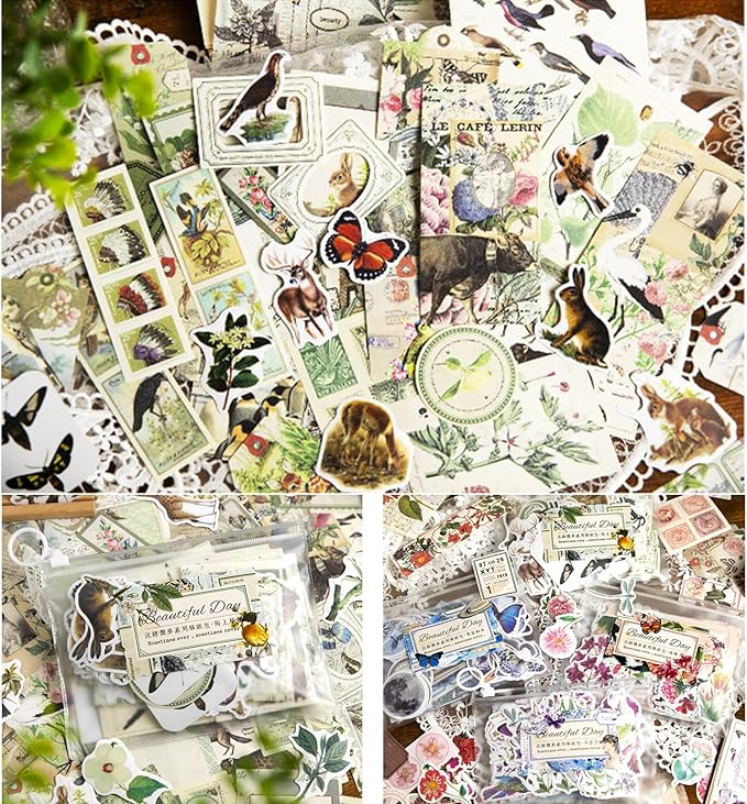 Esweny 200PCS Vintage Scrapbooking Supplies Pack, Aesthetic Scrapbook Sticker Paper Art Journaling Kit for Junk Journals,Planner,Cottagecore Decor Gifts (Green Series)