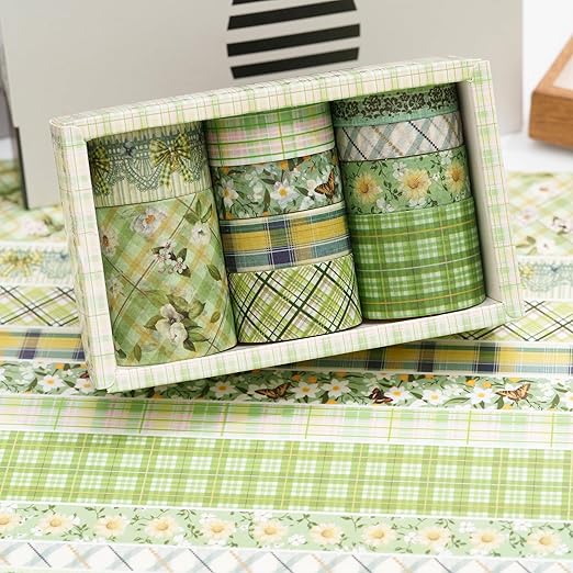 10 Rolls Vintage Floral Washi Tape Set Pastel Plaid Arts Adhesive Tapes Soft Colors Decorative Masking Tape Sets for Craft, Kids, Scrapbook, DIY, Gift Wrapping (Green Garden)