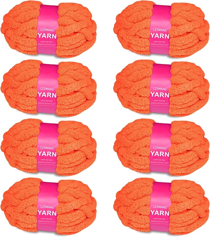 Chunky Chenille Yarn for Hand Knitting and Blankets, Super Soft Jumbo Yarn Pack for Crocheting, Bulky DIY Projects, 8 Skeins, Rust Orange