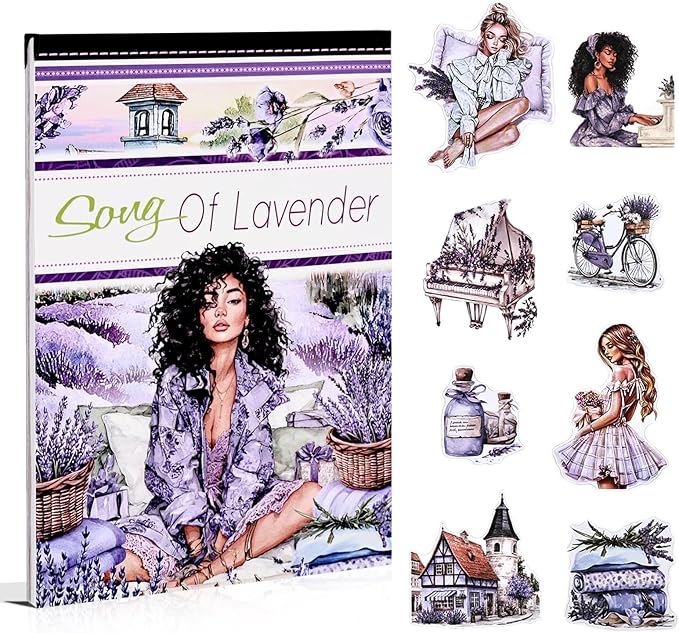 Song of Lavender Scrapbook Stickers for Women, 20 Sheets A5 Die-Cut Journaling Sticker Book for Adutls, Junk Journal Supplies, Planners, Bujo, Assorted PET Washi Paper Materials
