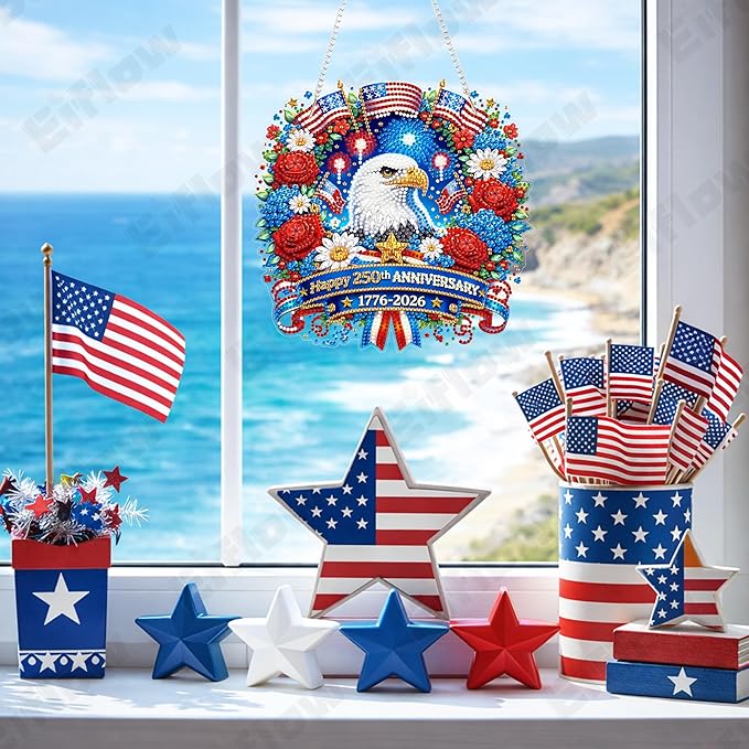 Eiflow 250th Anniversary Diamond Art Hanging Kit for Adults, DIY Diamonds Painting Door Hanger Board Kit 4th of July, Acrylic Crystal Diamond Art Painting Pendant Ornament (Ealge)