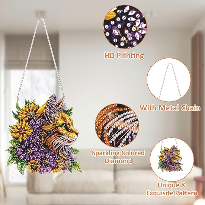 SENQAO DIY Acrylic Diamond Art Painting Cat Kits Special Shaped Rhinestone Diamond Art Window Pendants Home Garden Wall Hanging Kits Hanging Ornament