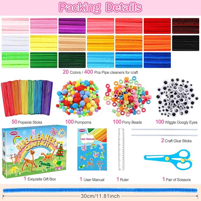 Funtopia 750pcs Pipe Cleaners Arts and Crafts Supplies for Kids, 20 Colors Chenille Stems with Craft Sticks & Pom Poms, DIY School Projects with 20 Simple Patterns Manual for Kids Ages 4 5 6 8 12