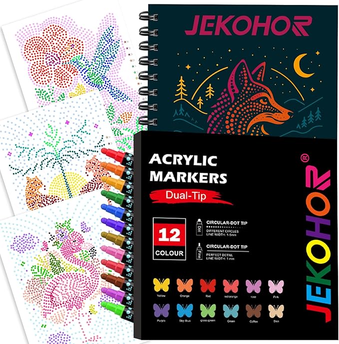 Coloring Book,Animal Dot Art Meditations with 12 PCS Acrylic Markers,Mindfulness Adult Coloring Book-Relaxing,Anti-Stress,30 Patterns Activity Coloring Books for Adults,Dot Art for Adults-Animal Plant