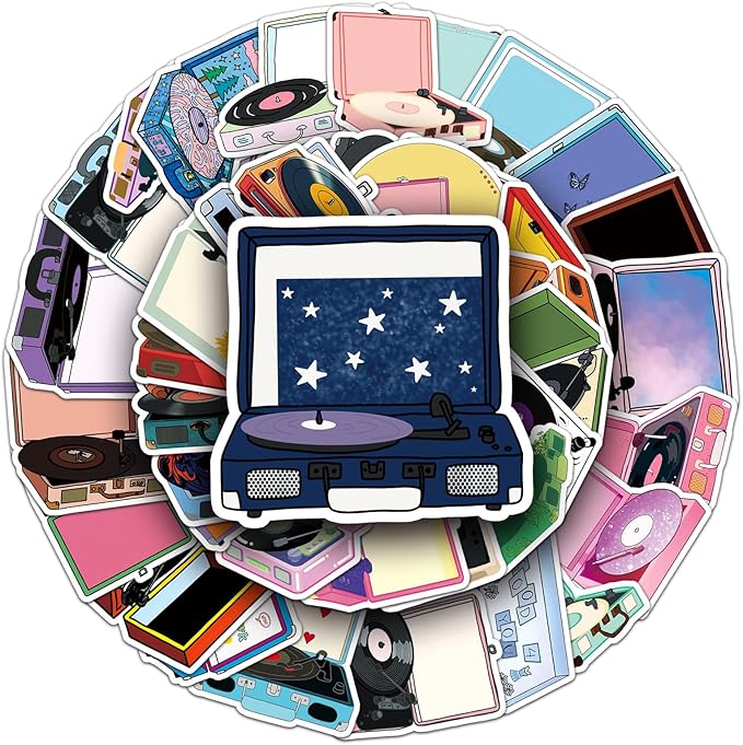 Retro Record Player Stickers for Scrapbooking,50 Pcs Vintage Vinyl Player Decals, Waterproof Vinyl Stickers for Journals, Laptops, Home Decor, Ideal for Music Lovers Adults(Record Player)