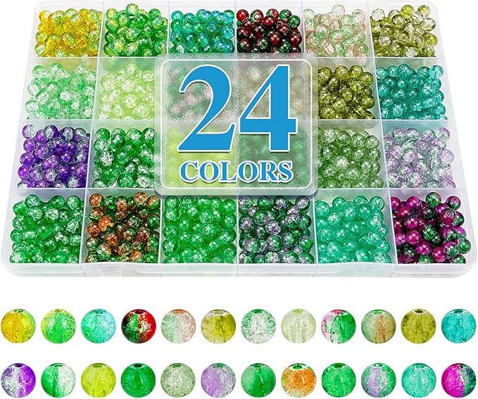 XSEINO About 1200pcs 6mm Crack Glass Beads Bracelet Making Kit,24 Style Crack Mystic Green Series Colorful Crystal Beads for Jewelry Bracelet Making,DIY Crafts,Friendship Bracelets