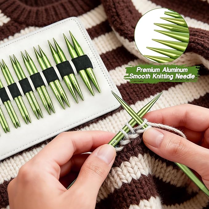 TRILVIX Knitting Needles Set, 13 Pairs Aluminum Interchangeable Circular Knitting Needles Set 4 Inch with 4 Cables, Accessories and Storage Bag for Multiple Knitting Projects Green