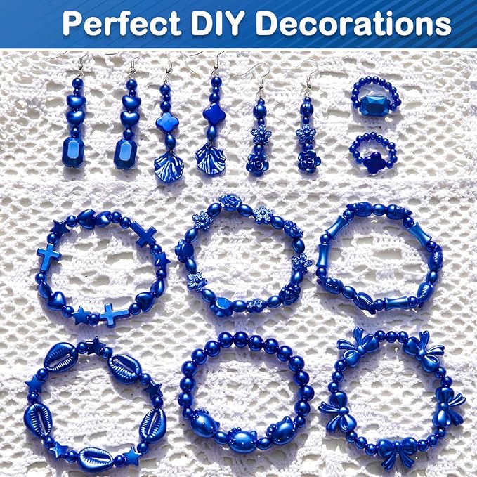 1170 Pcs ABS Imitation Pearl Beads for Jewelry Making, Assorted Heart Star Bowknot Circle Flower Aesthetic Cute Bead for Bracelet Necklaces Earrings Key Chains DIY Phone Charm Crafts (Blue)