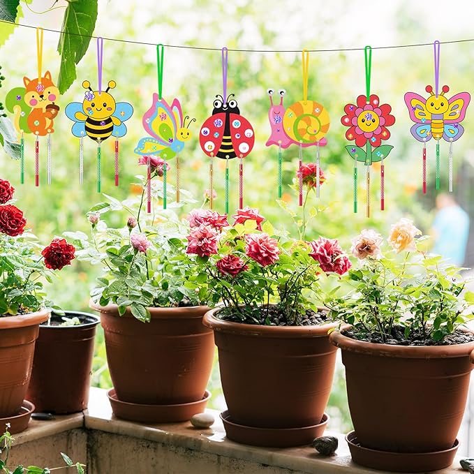 JellyArch 30 Pcs Spring Wind Chime Making Kit, DIY Wooden Spring Insect Craft Wind Chimes with Paint & Stickers, Craft Activity Creative for Church Party Windows Decoration