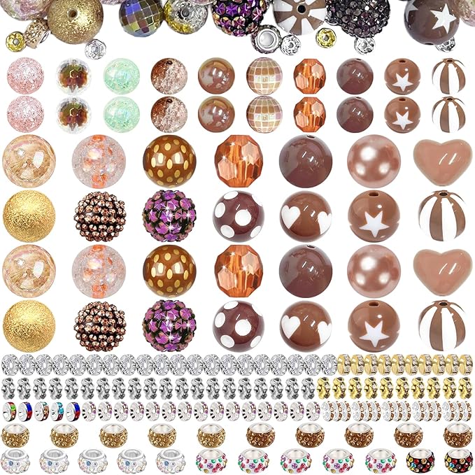 163 Pcs Pen Beads for Beadable Pens: Bubblegum Beads for Pen Making Bulk with Spacer Bead Rhinestone Bead (Brown)