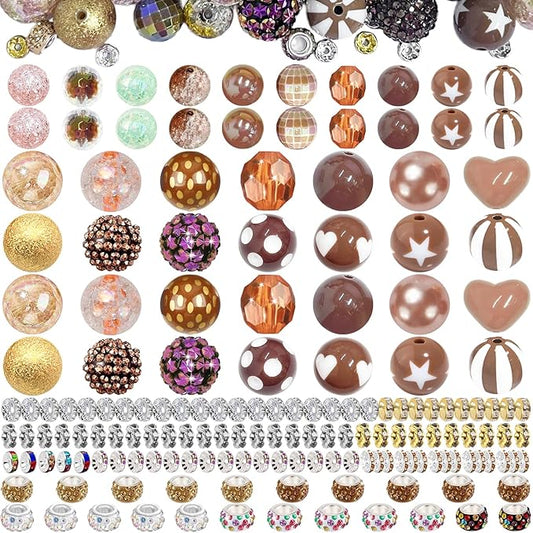 163 Pcs Pen Beads for Beadable Pens: Bubblegum Beads for Pen Making Bulk with Spacer Bead Rhinestone Bead (Brown)