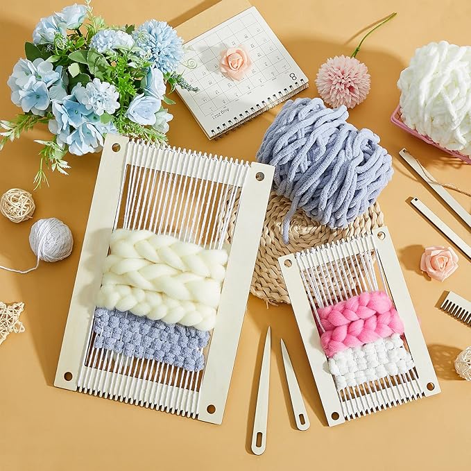 Juexica 7-Piece Weaving Loom Kit for Beginners, Complete Wooden Small Weaving Loom with Stick,Comb,Crochet Needle, DIY Craft Kit for Adults, Ideal Gift for Mother's Day Birthday Christmas(Beige)
