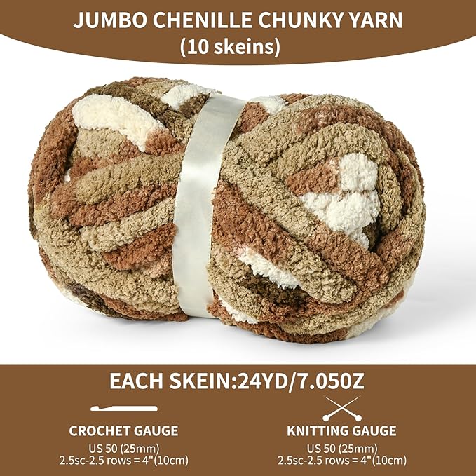 10 Pack Jumbo Chunky Yarn for Hand Knitting, Fluffy Variegated Chunky Chenille Yarn for Crocheting, 240yds/70.5oz Super Bulky Soft Crochet Baby Blanket Yarn(Cappuccino)