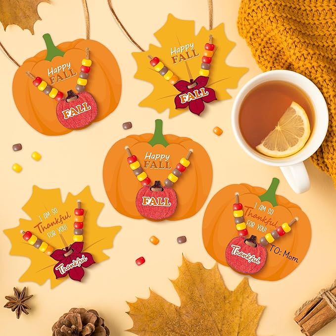 BeYumi Fall Necklace Craft Kit - 24Pcs DIY Thankful Pumpkin Maple Leaves Wooden Pendant Necklace Making with Greeting Card Thanksgiving Gratitude Beads Kit Autumn School Classroom Party Favor