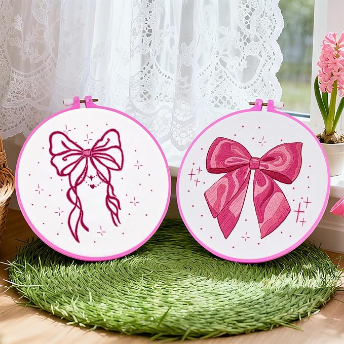 2 Sets Pink Hand Embroidery Kits for Beginners Adults, Cute Bow Embroidery Starter Kits, Cross Stitch Kits for Beginner Needlepoint DIY Kits for Adult, 2 Set Embroidery Hoops, Thread & Video Tutorial