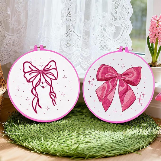 2 Sets Pink Hand Embroidery Kits for Beginners Adults, Cute Bow Embroidery Starter Kits, Cross Stitch Kits for Beginner Needlepoint DIY Kits for Adult, 2 Set Embroidery Hoops, Thread & Video Tutorial
