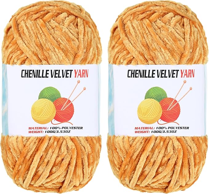 2 * 100g Velvet Chenille Chunky Yarn, Handcrafts Weaving Soft Chenille Yarn for Crocheting Clearance, Used for Making Baby Yarn Blanket, Clothes, Knitting Creations (Turmeric)