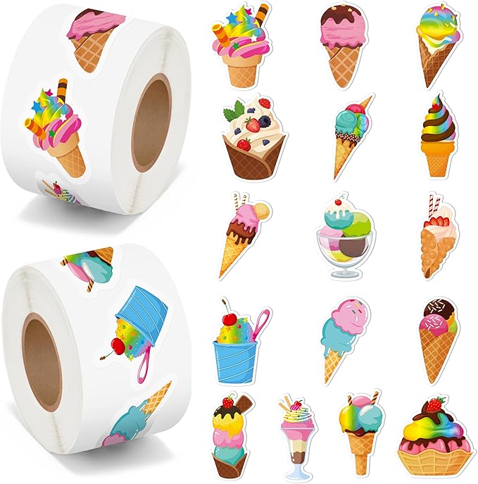 beyumi summer ice cream stickers - 1000pcs ice cream stickers in 2 rolls waterproof vinyl sweets themed cute dessert decals for gift laptop bottle scrapbooking luggage computer envelope decor for kids