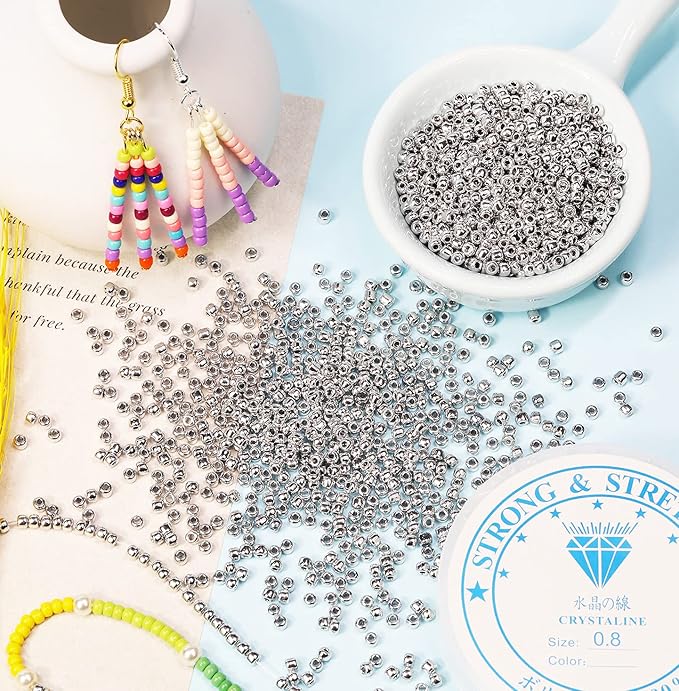 Bala&Fillic Opaque Silver Color 3mm Seed Beads About 3600pcs/100Grams in Bag, 8/0 Glass Craft Beads for Making Bracelet and Necklace (Silver)