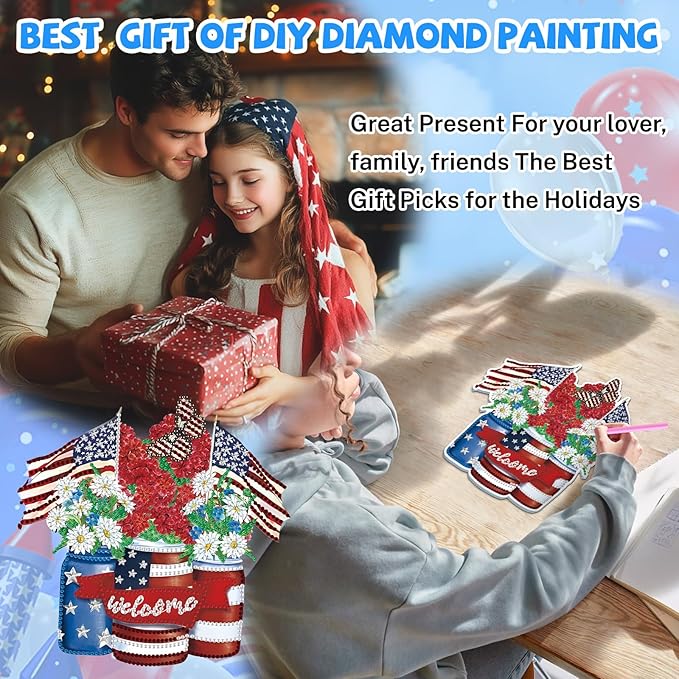 Bowetile Independence Day Diamond Art Hanging American Flag Kits for Adults, 4th of July 5D Diamond Painting USA Window Pendant Kits, Special Shape Gem Art Suncatcher Ornament for Home Wall Decor
