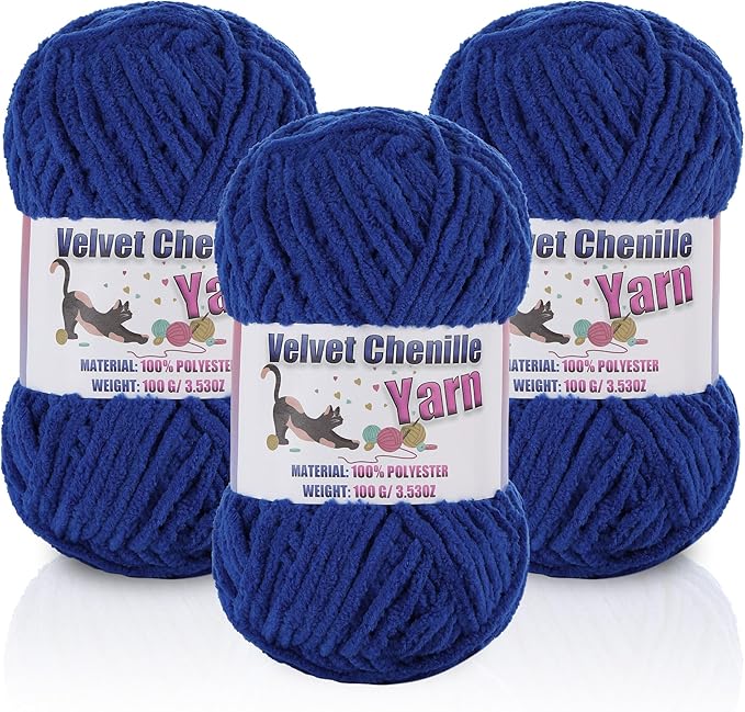 3 * 100g/3.5oz Fluffy Chenille Yarn for Crocheting, Chunky Velvet Yarn for Crochet Amigurumi, Used for Making Baby Yarns Blanket, Clothes, Pattern Knitting Creations (Sapphire Blue)