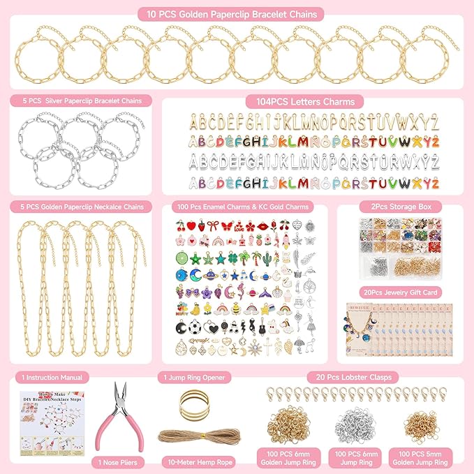Riwiuue 590 Pieces Charm Bracelet Making Kit - Includes Gold Paperclip Chain Bracelet, Charms, Jump Rings & Tools, Ideal for DIY Jewelry Making, Beginner, Teen and Adult Gifts